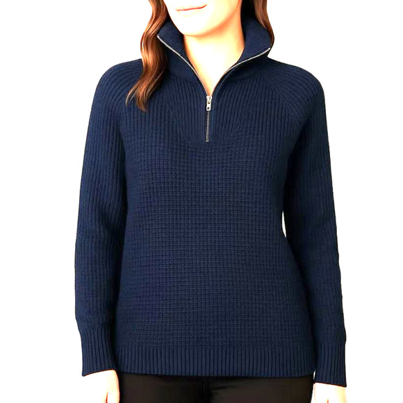 RDI Women's Quarter Zip Long Sleeve Waffle Knit Sweater in Dark Storm Small $80 - Picture 1 of 5